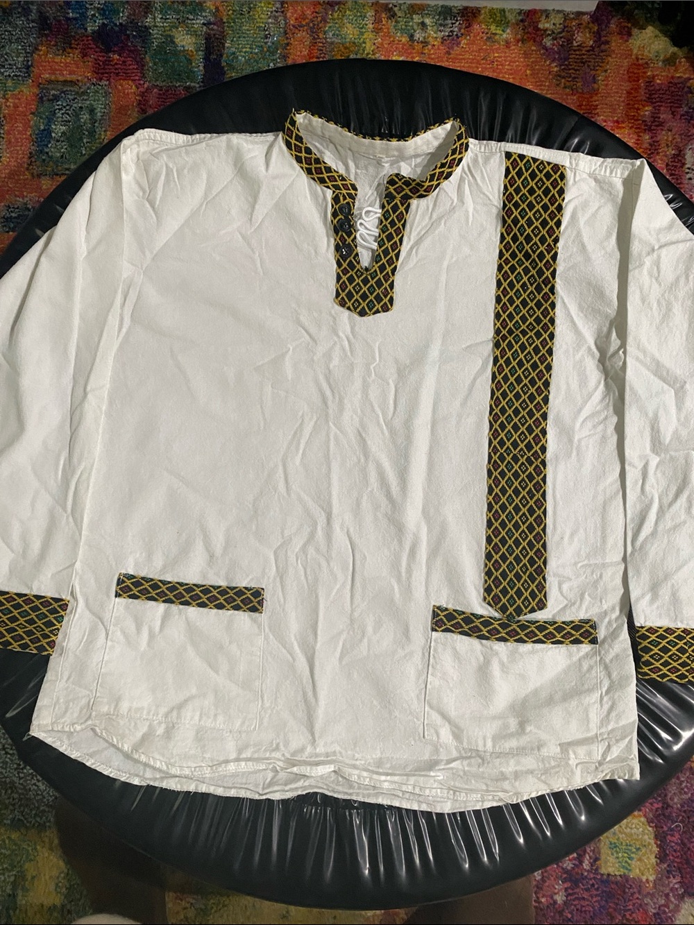 Men's White Casual Button-Down Shirt with Black & Gold Geometric Trim